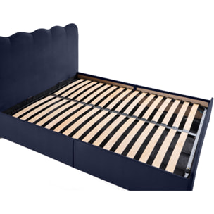 Kahlo - lit coffre - 140x190 - en velours - sommier inclus - Bleu marine