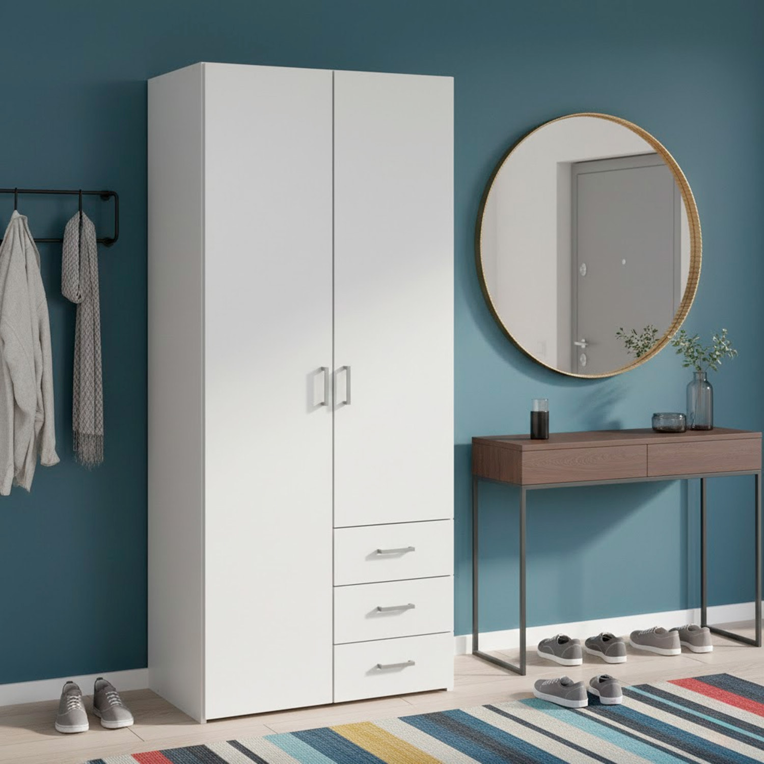 Armadio Con 2 Ante e 3 Cassetti Armadietto Multiuso Design Moderno Salvaspazio Vano Con Barra Appendiabiti E Ripiani 77.6 x 49.5 x 175.4 Cm Bianco