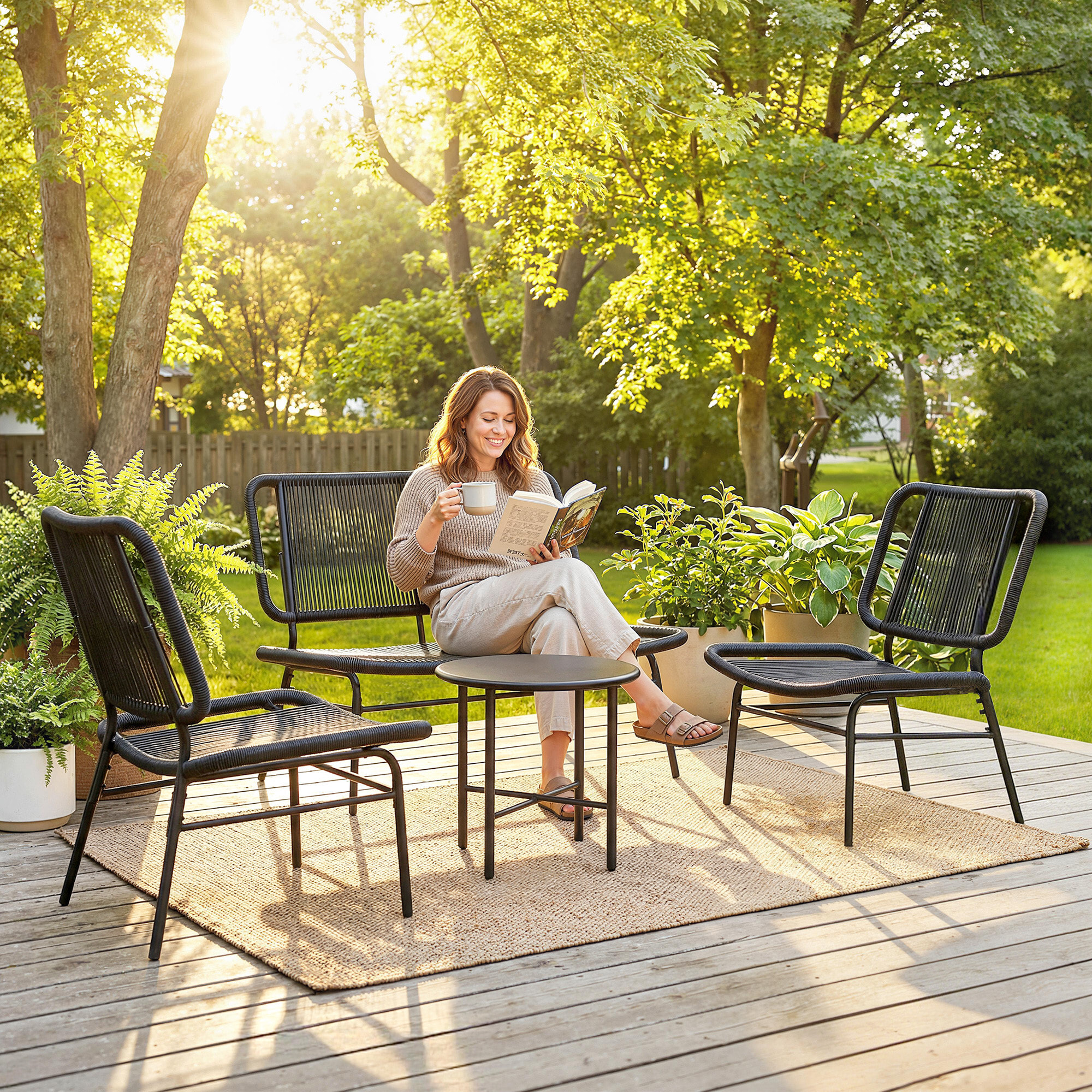 Conjunto de Jardín Exterior de Ratán, Conjunto Terraza Resistente a la Intemperie, Muebles Jardín Exterior 4 Piezas Incluye Sofá de 2 Plazas, 2 Sillas, Mesa de Centro con Tapa Metálica, Negro