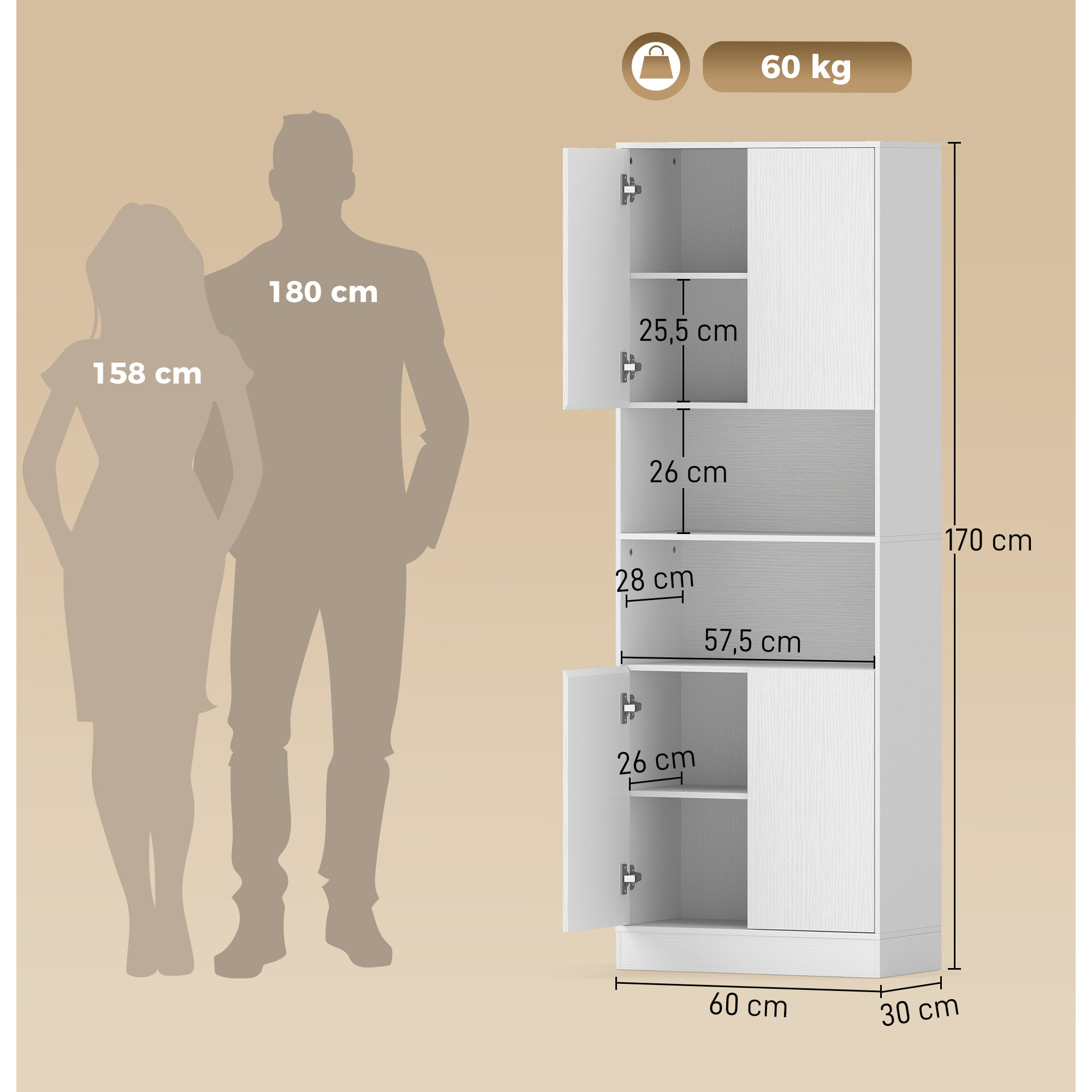 Alacena de Cocina Alta, Mueble Auxiliar de Cocina con 4 Puertas con Bisagras de Cierre Suave, Estantes Ajustables, 2 Compartimentos Abiertos, para Comedor, Salón, 60x30x170 cm, Blanco