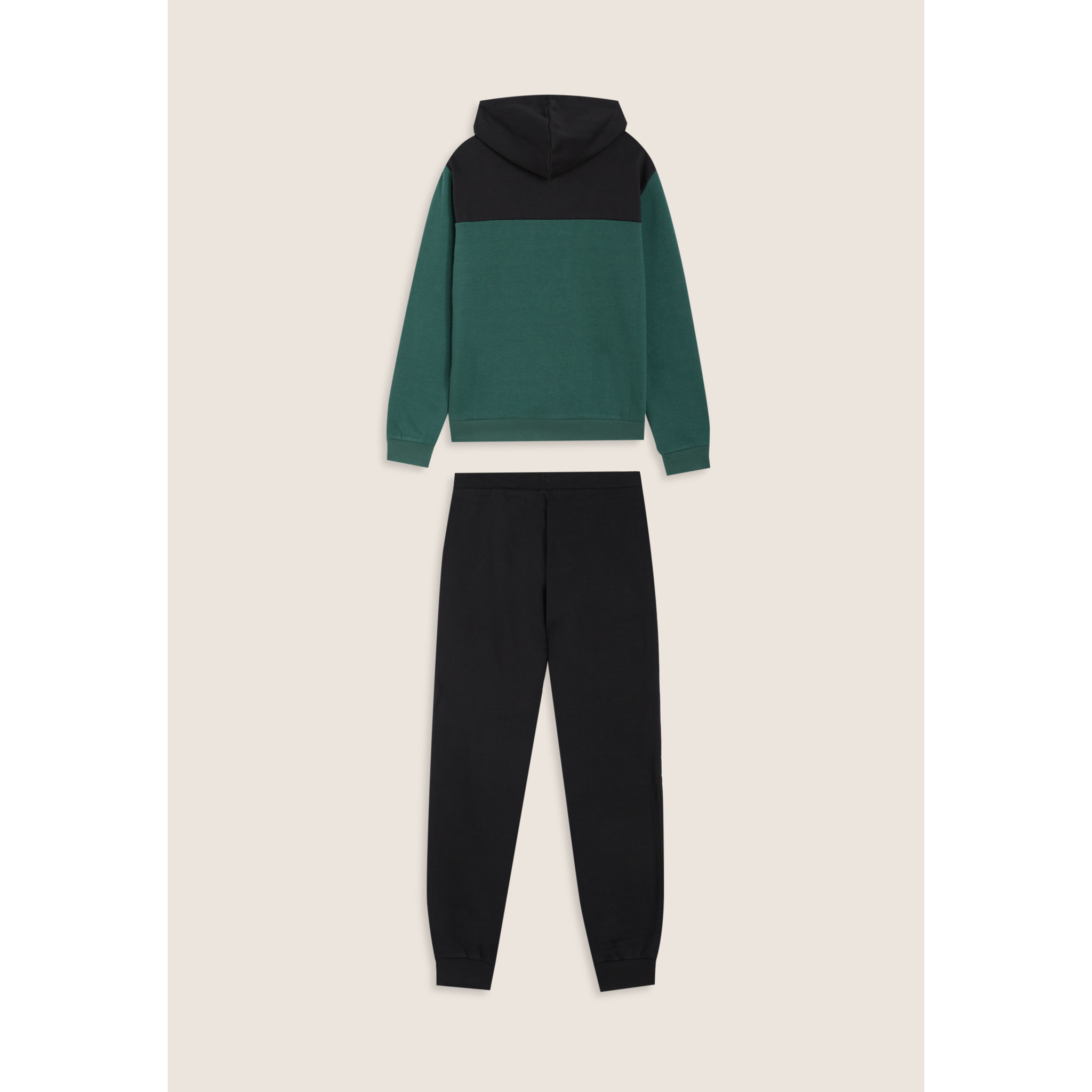 Tuta con cappuccio colour block e fondo a costine