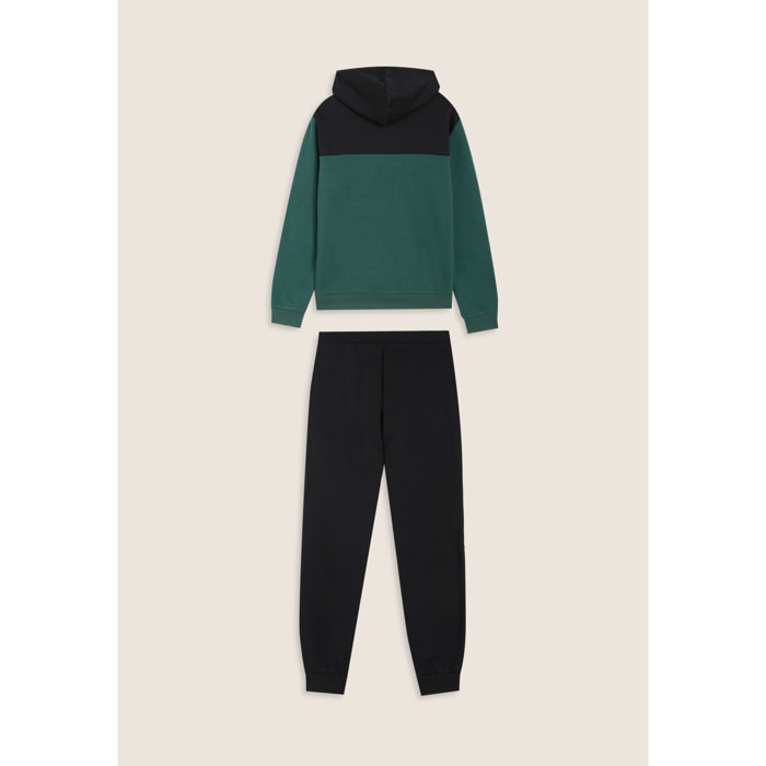 Tuta con cappuccio colour block e fondo a costine