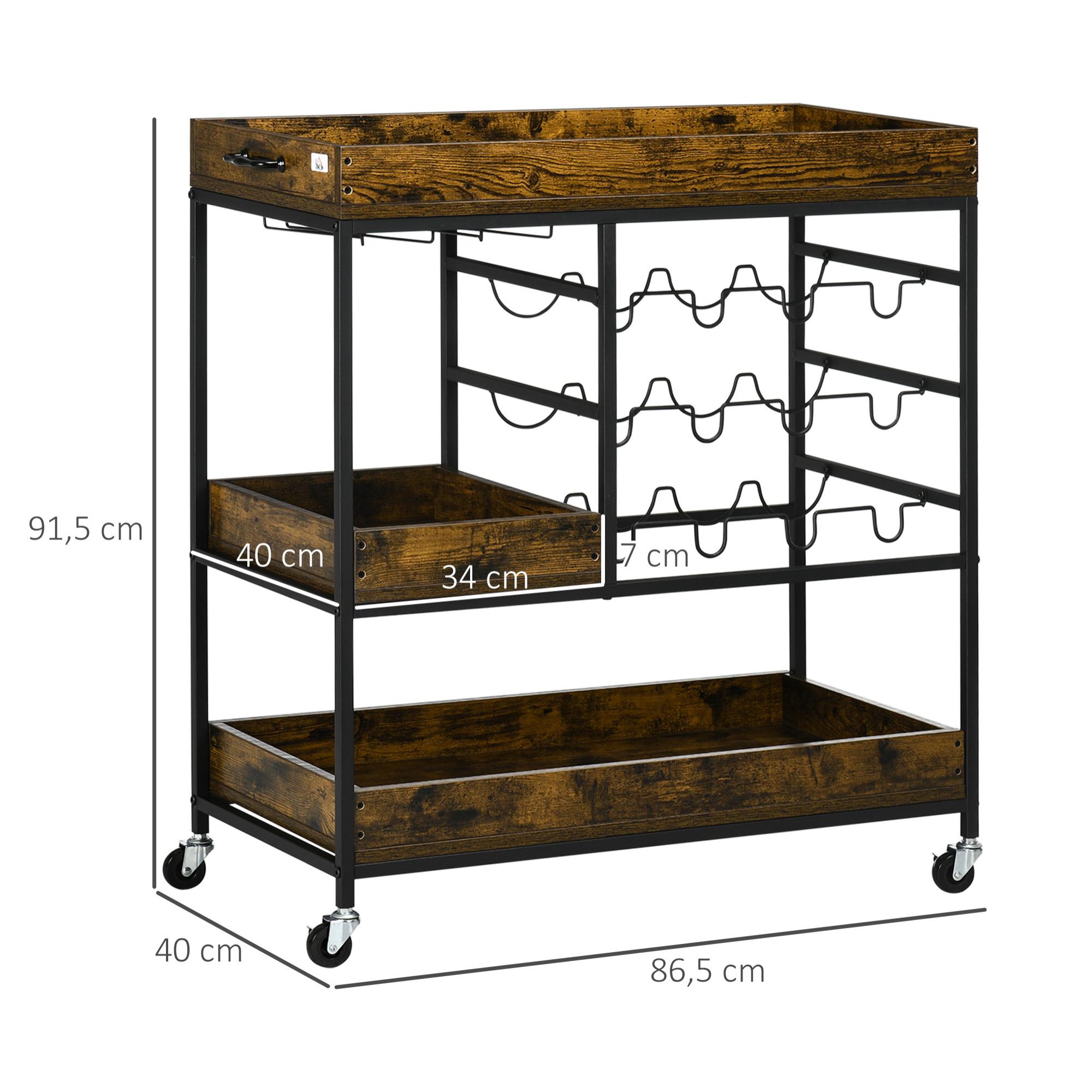 HOMCOM Carrito de Cocina Industrial Carro Auxiliar con Ruedas Botellero para 12 Botellas Portavasos para 6 Copas y 3 Estantes de Almacenamiento para Comedor 86,5x40x91,5 cm Marrón Rústico