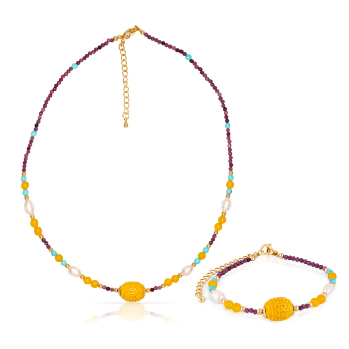 Set de pulsera y collar a juego de crisoberilo, turmalina, citrino, turquesa y perlas naturales con cierre de mosquetón.
