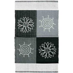 Tappeto SUMMER GRIGIO disegno sole e fiori 100% cotone annodati a mano, tappetino stuoia bagno multiuso lavabile
