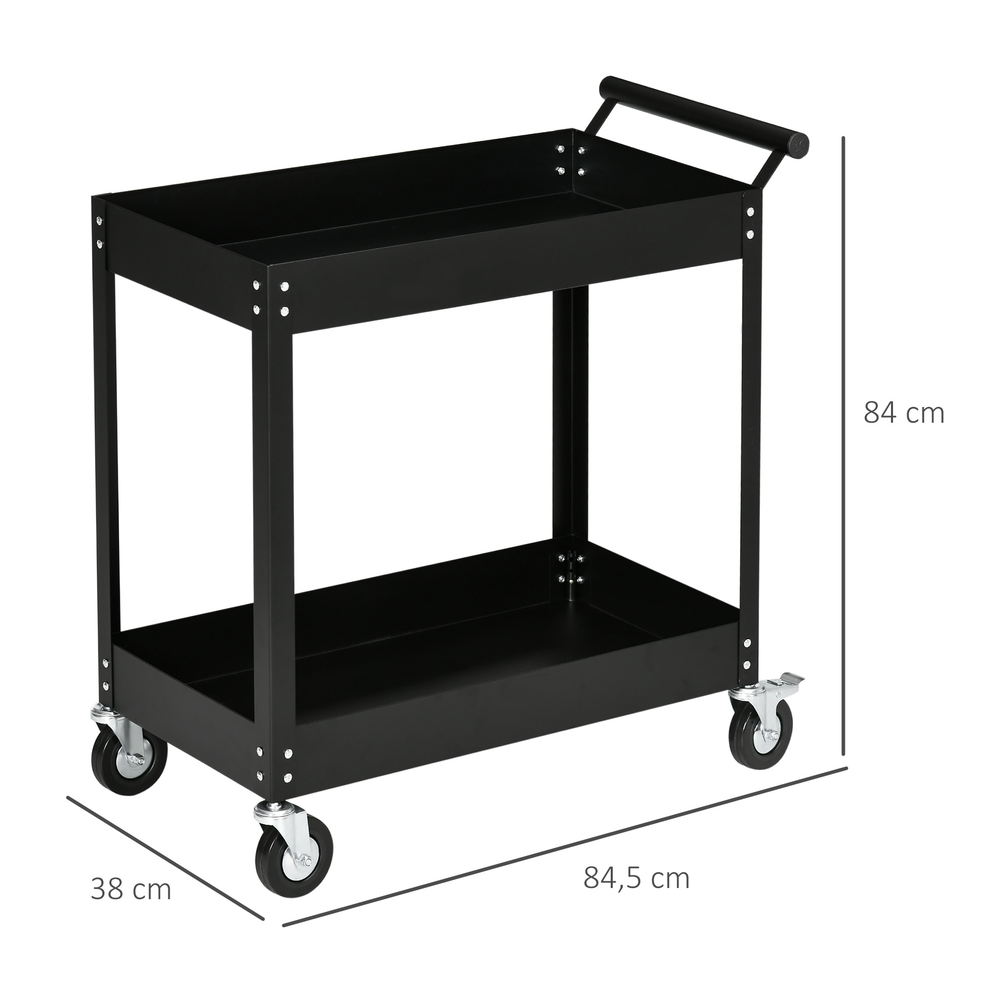 Chariot desserte d'atelier en acier 2 plateaux sur roulettes avec poignée - charge max. 150 kg - 84,5 x 38 x 84 cm noir