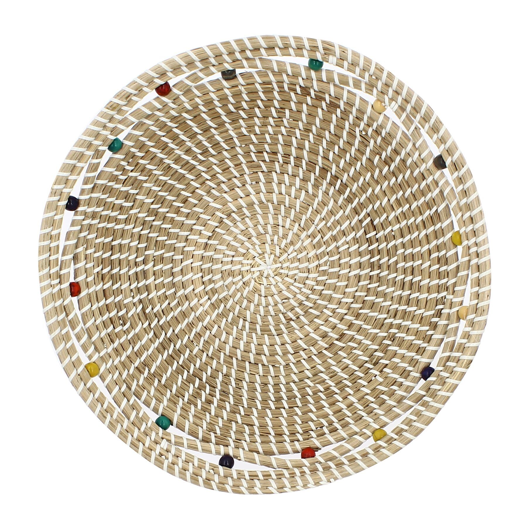 Corbeille ronde en jonc de mer et perles de bois 37cm MILOS