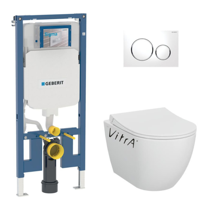 Pack bâti-support Geberit extra-plat UP720 + WC sans bride Vitra S60 + Abattant SoftClose + Plaque blanche (SLIM-S60-C)