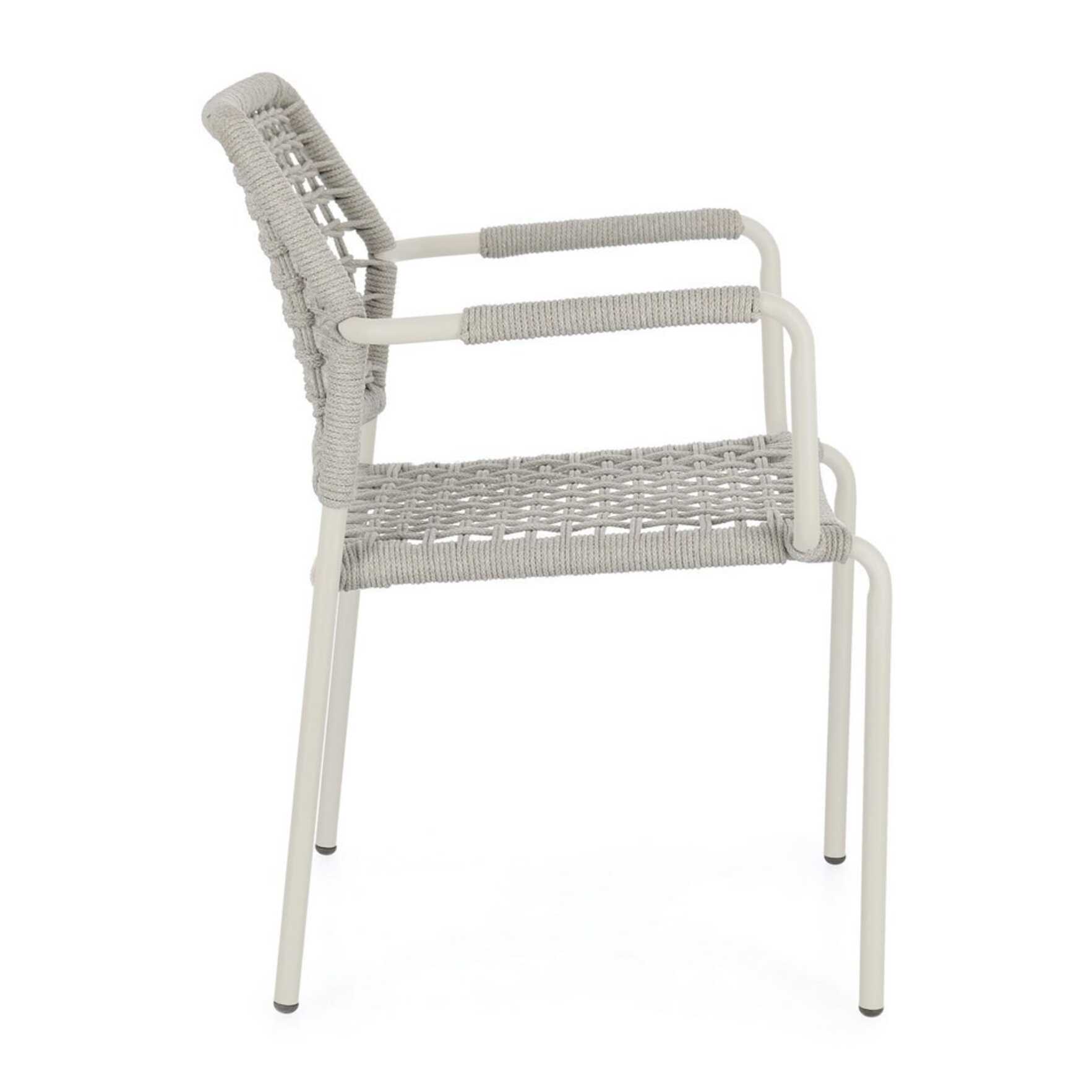 Set di 4 sedie con braccioli MIRANDA in alluminio beige e corda tortora, impilabili