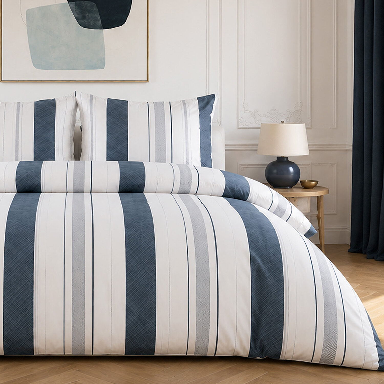 Parure housse de couette 100% percale de coton rayures verticales larges et fines - SIROUND