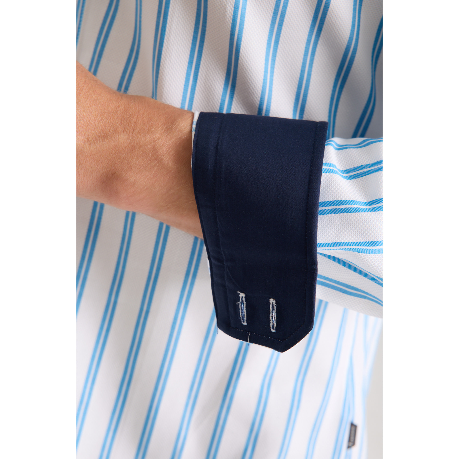 Camicia Uomo 2 Bottoni Button Down Slim Armaturato Riga Larga Bianco e Turchese