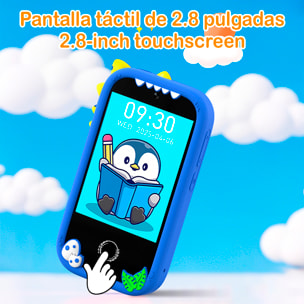 Teléfono infantil con 18 juegos y aprendizaje en inglés, con cámara dual y grabación de video. Pantalla táctil de 2,8". Sin posibilidad de SIM o llamadas. Funda de silicona de dinosaurio.