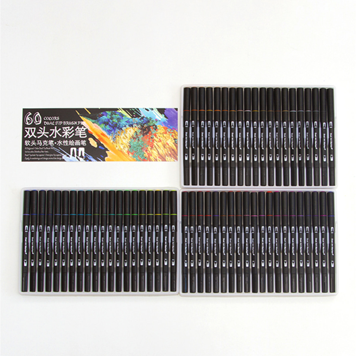 Set 60 Rotuladores color DUAL ART BLACK LINE  doble punta, punta fina 0,4 mms y punta pincel acuarelable profesional. Forma triángular ergonómica para lettering, caligrafía, ilustraciones…