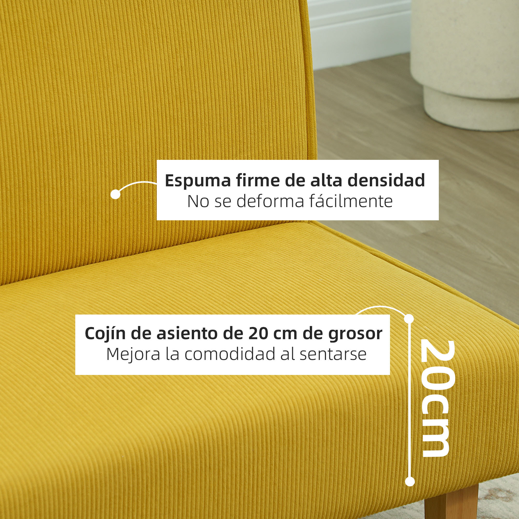 Sofá de 2 Plazas Tapizado en Pana Sofá de Salón sin Brazos con 2 Puertos USB 1 Puerto Tipo-C y Patas de Madera Sofá Pequeño Carga 240 kg 110x60x85 cm Amarillo