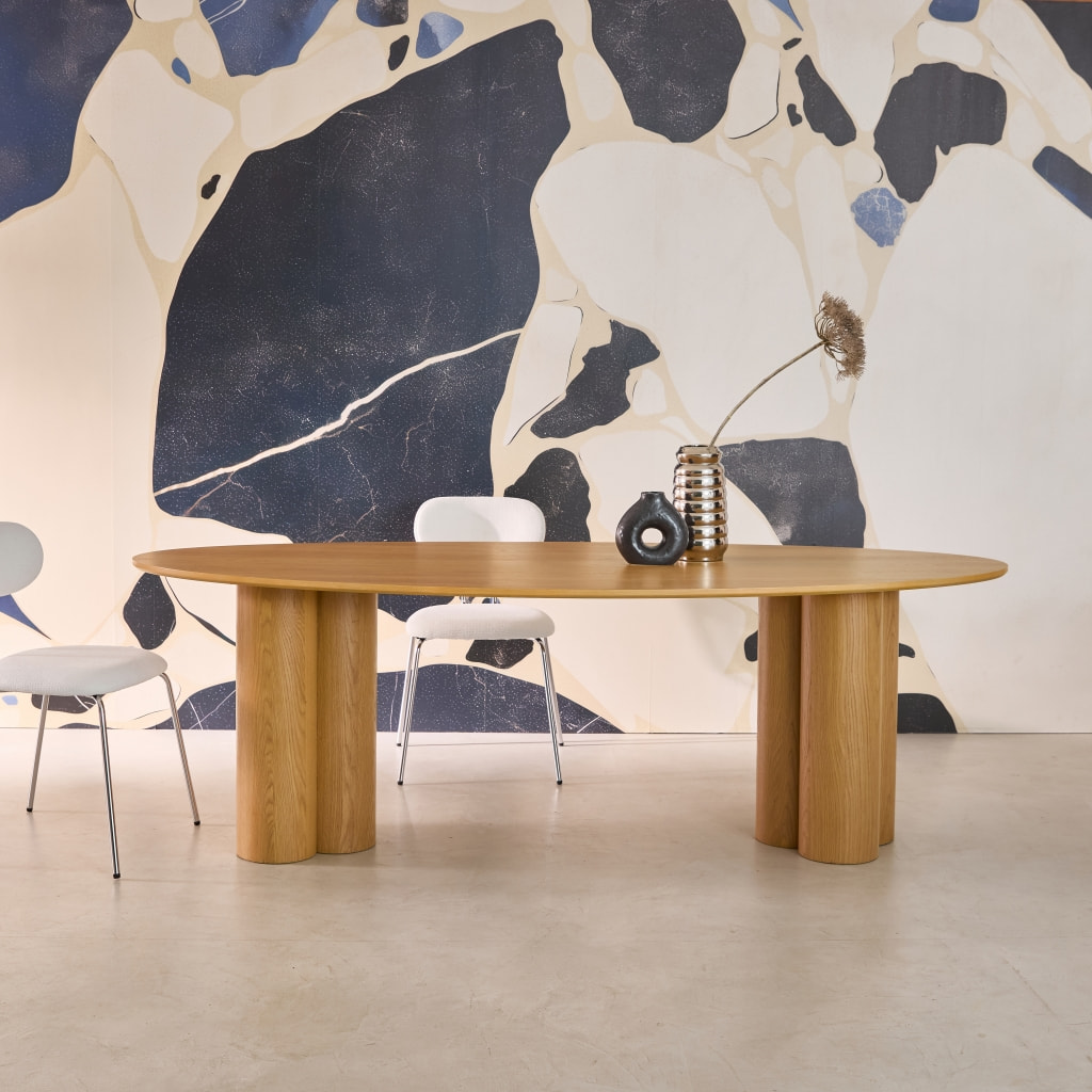 Table à manger ovale bois d'hévéa et placage chêne naturel 8 places 220cm - Leonore