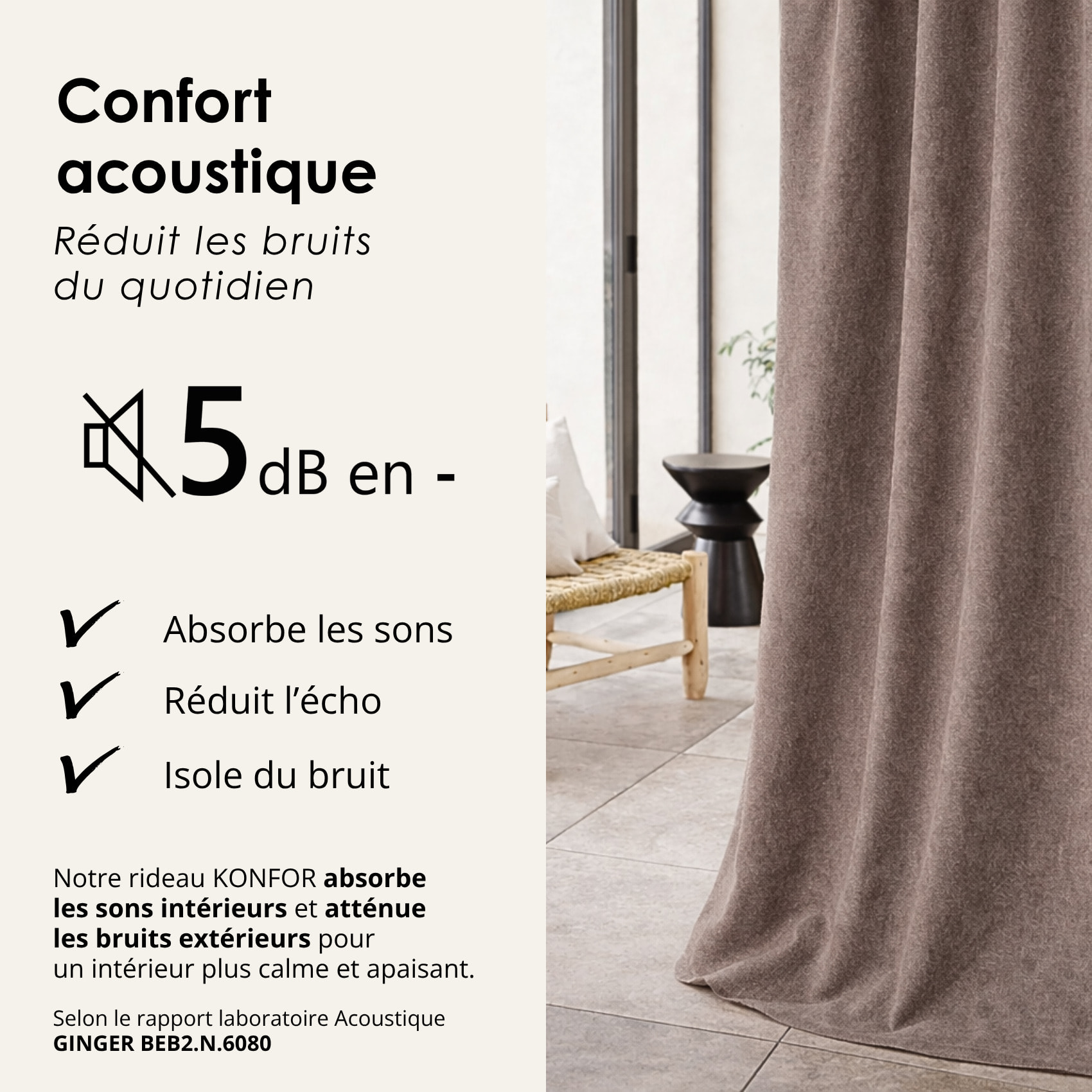 Rideau thermique phonique et semi occultant à galons fronceurs KONFOR - Lin