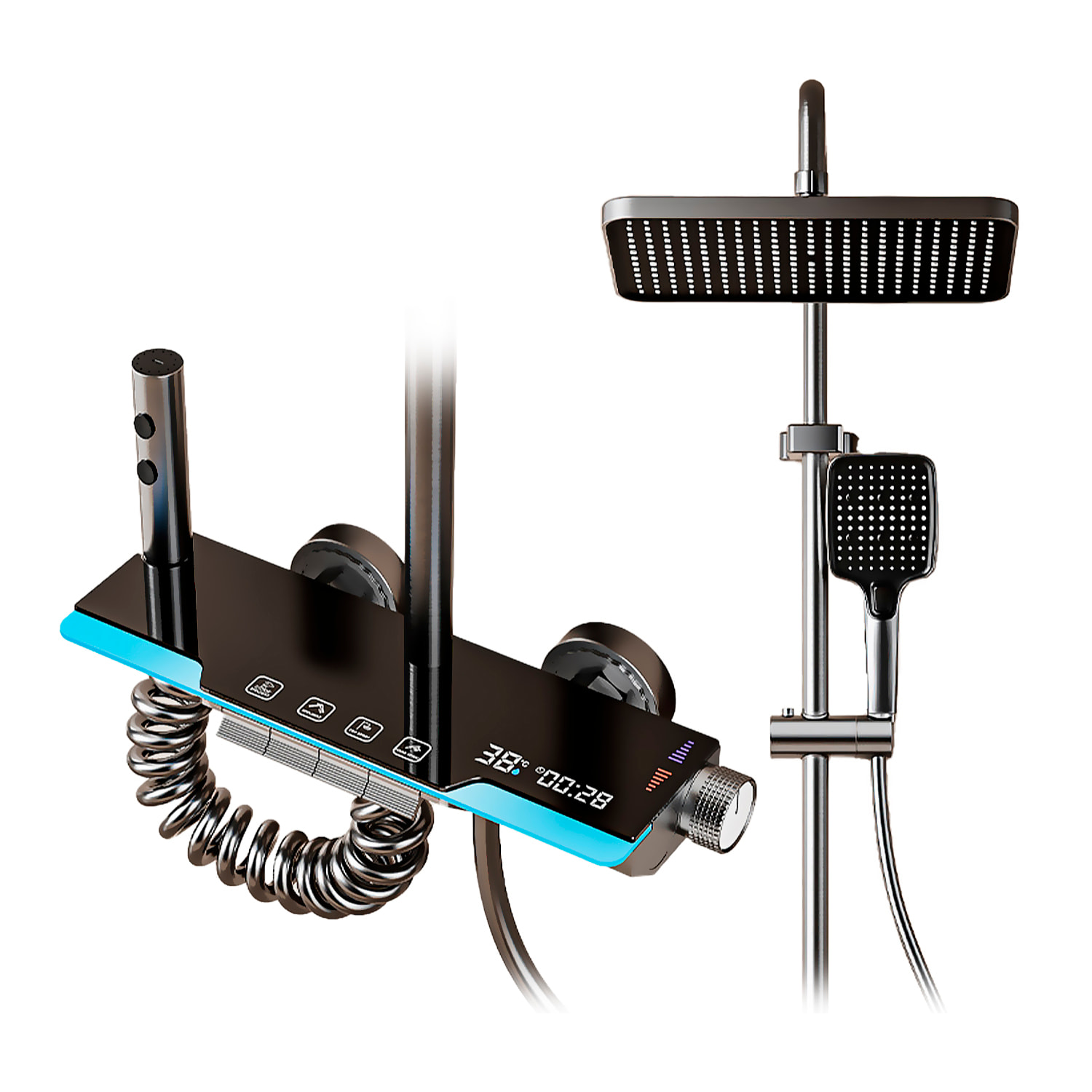 Juego de ducha completo 845 montado en pared. Con pantalla digital y múltiples modos de agua, con mezclador, iluminación ambiental y control preciso.