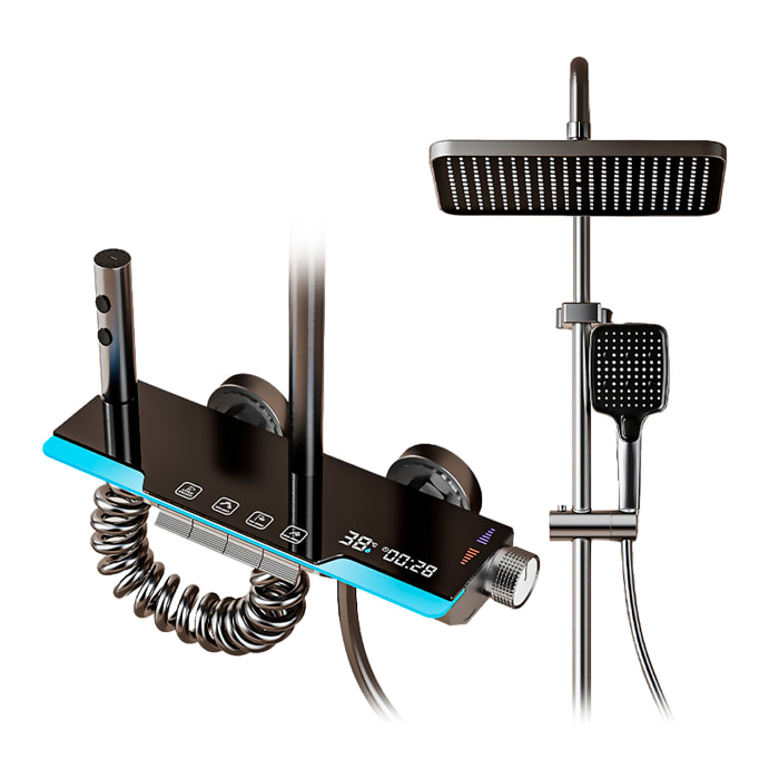 Juego de ducha completo 845 montado en pared. Con pantalla digital y múltiples modos de agua, con mezclador, iluminación ambiental y control preciso.