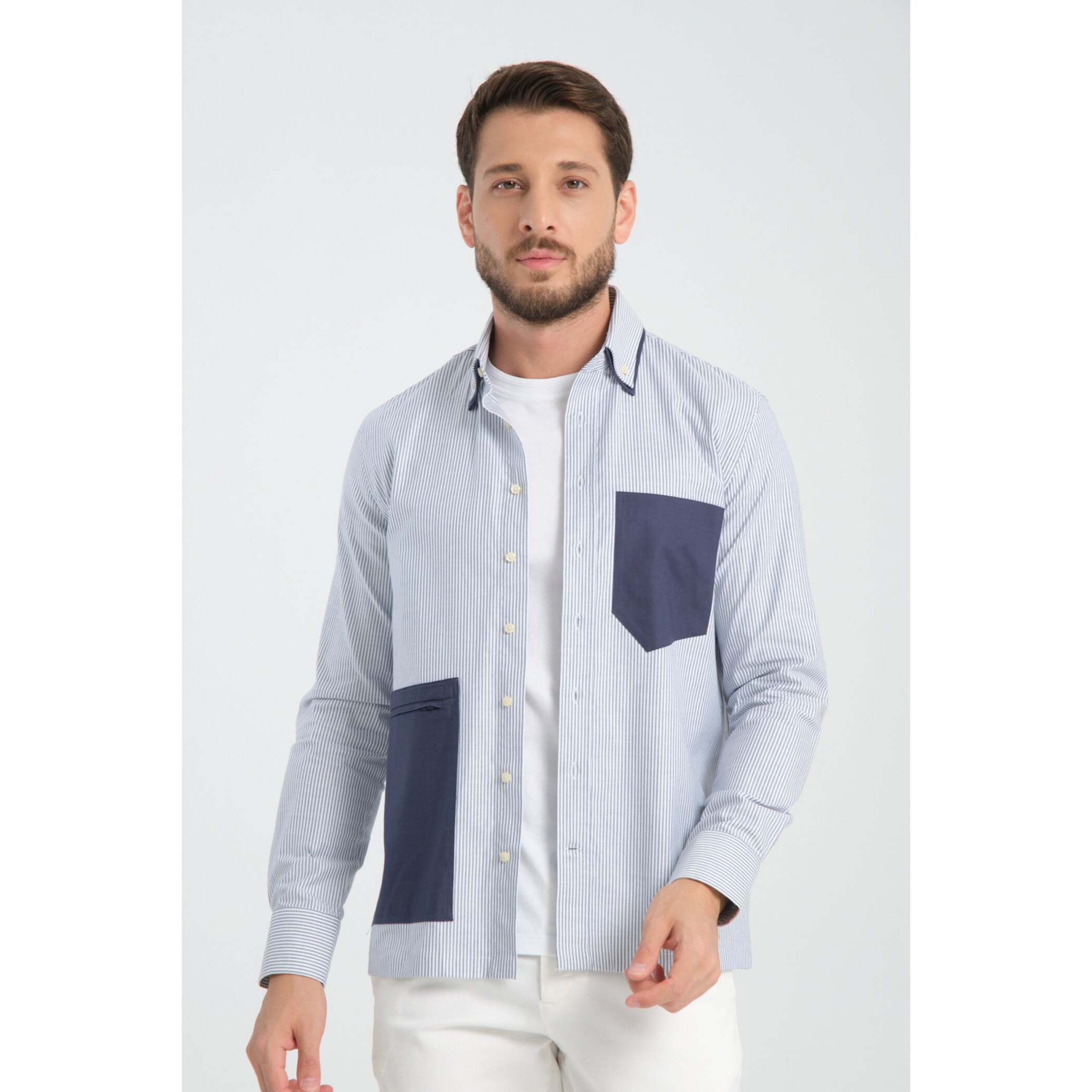 Camicia Uomo 1 Bottone Button Down Oxford Riga Stretta Blu\Bianco
