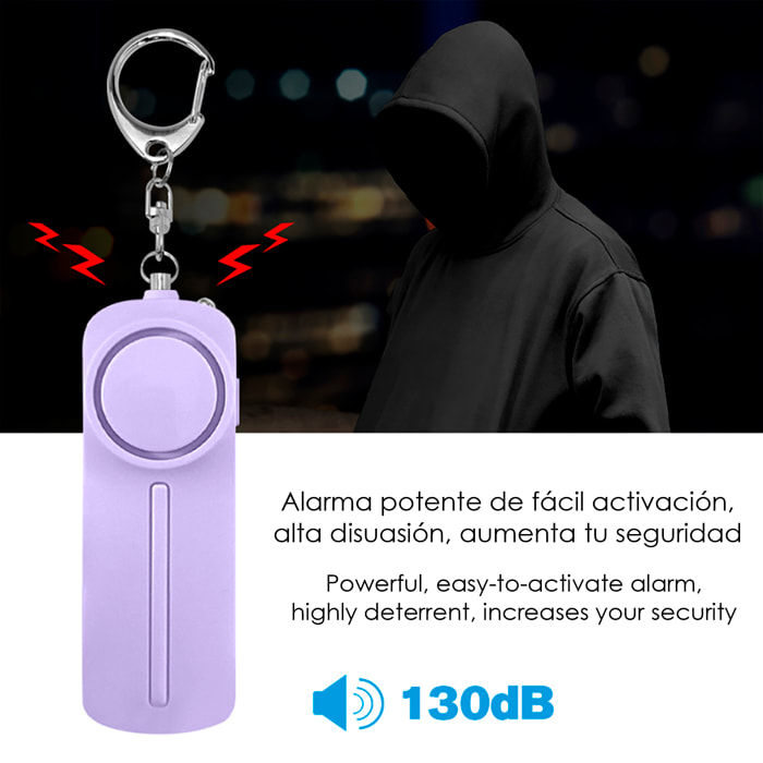 Allarme SOS personale con luce LED brillante e suono di 130dB. 2 batterie AAA incluse e attivazione rapida tirando l'anello.