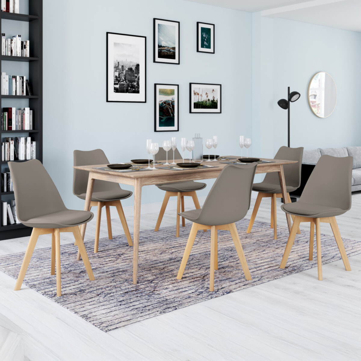 Chaises Nordia assise taupe et pieds bois - lot de 6