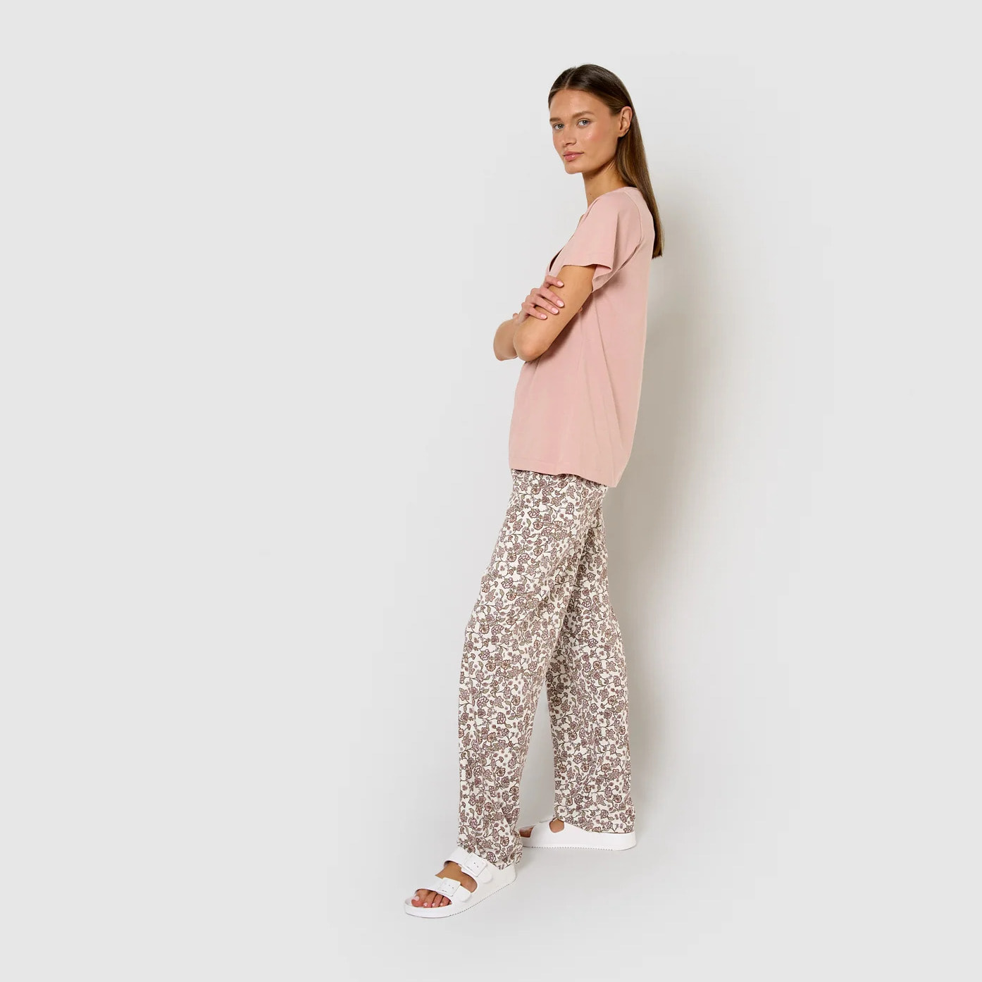 Pijama largo algodón manga corta con escote pico meghan rosa palo