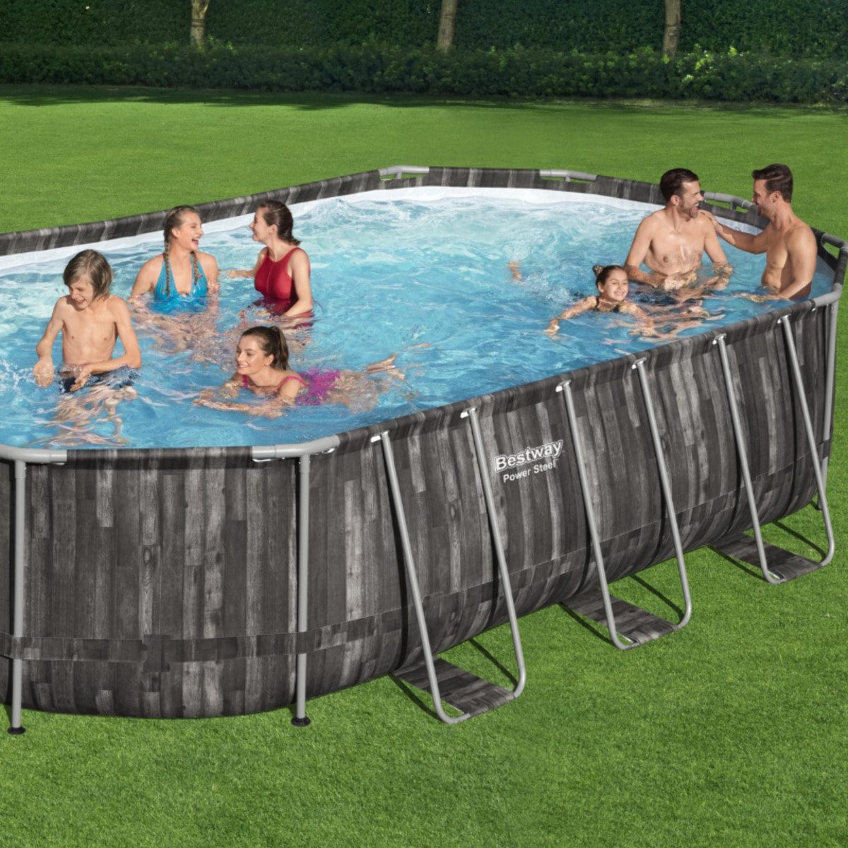 Bestway Piscine hors sol tubulaire ovale Bestway Power Steel 610 x 366 x 122 cm décor bois
