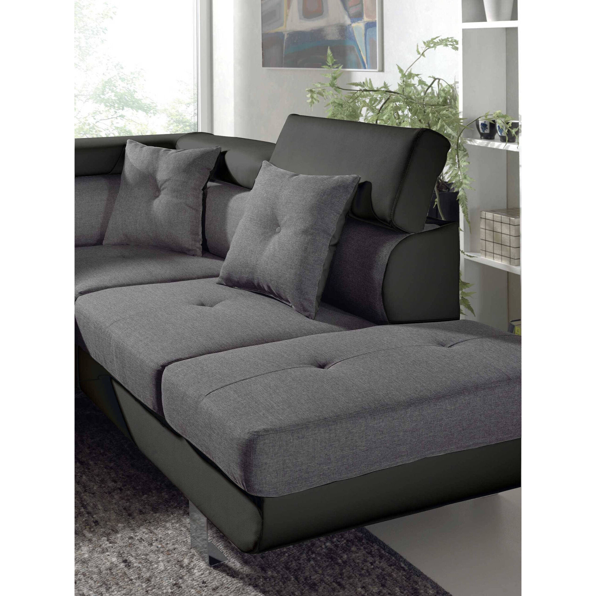 Lisbona - Canapé d'angle droit convertible - 5 places - avec têtières - Noir / Gris