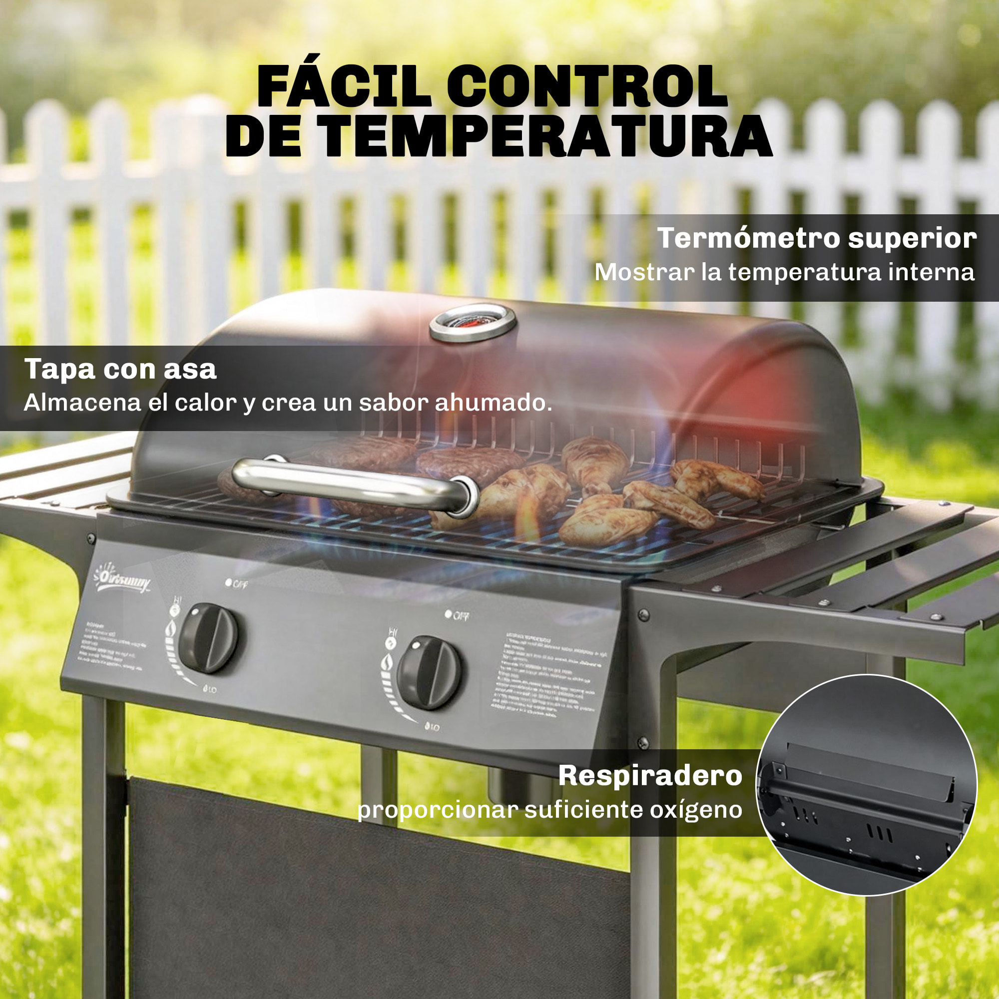 Barbacoa de Gas BBQ Gas con 2 Quemadores 5 kW, Barbacoa Portátil con Termómetro, Mesas Laterales, Estante, Rejilla Calentadora, Encendido Piezoeléctrico, Bandeja de Grasa y 2 Ruedas, Negro