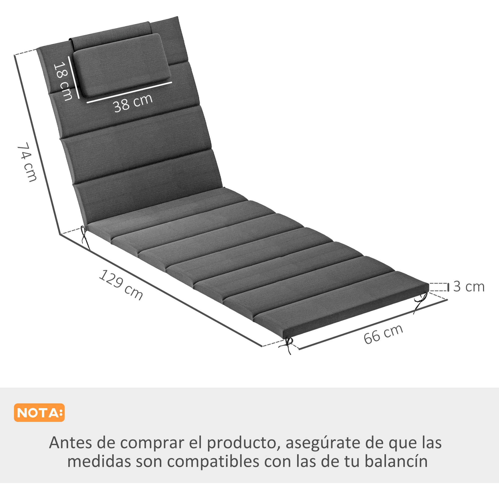 Pack 2 Cojines para Tumbonas Plegables Colchonetas para Tumbonas de Jardín Exterior 203x66x3 cm con Reposacabezas y Correas de Sujeción Gris Oscuro