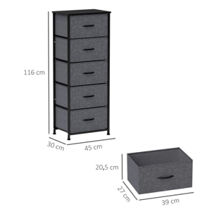 Chiffonnier rangement 5 tiroirs - dim. 45L x 30l x 116H cm - structure acier noir tissu pliant anthracite