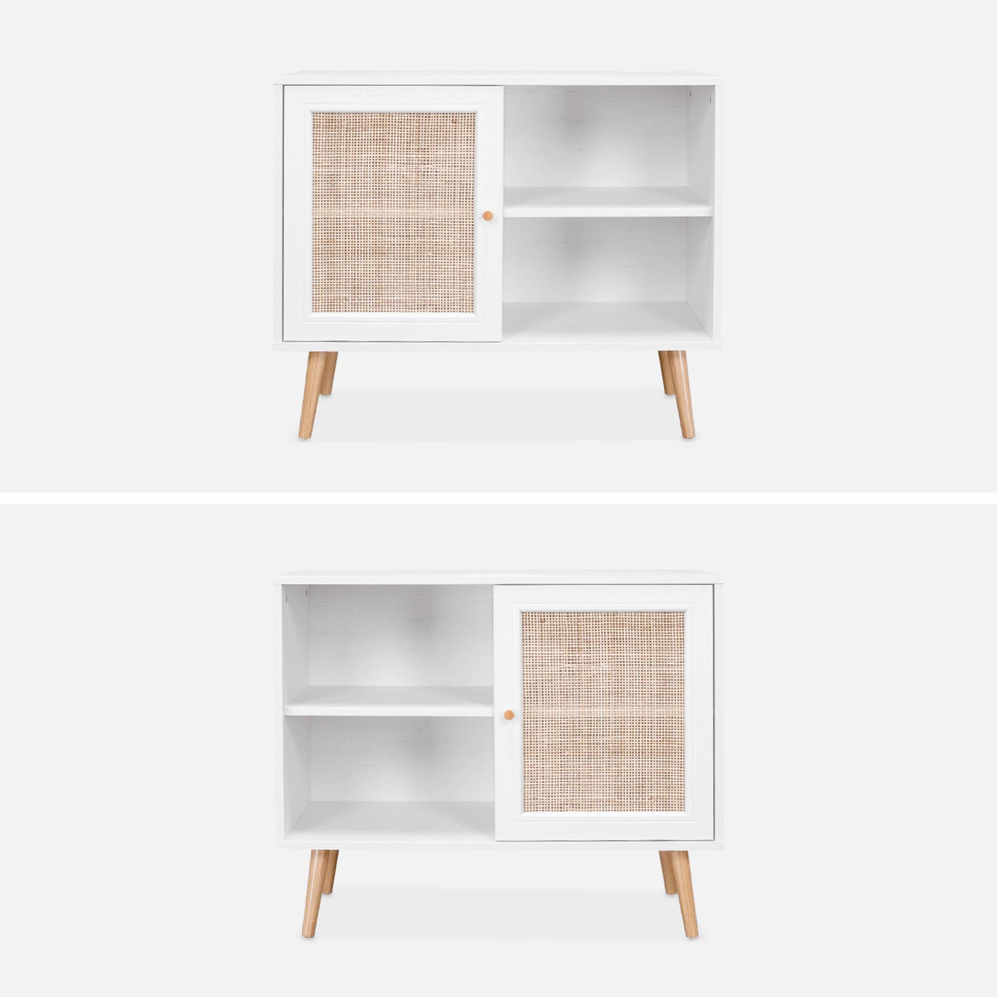 Meuble de rangement en cannage 80x39x65.8cm  Bohème - Blanc -  2 niveaux - 1 porte -  pieds scandinaves. buffet bas