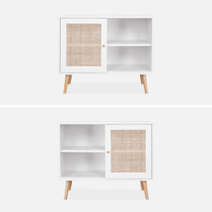 Meuble de rangement en cannage 80x39x65.8cm  Bohème - Blanc -  2 niveaux - 1 porte -  pieds scandinaves. buffet bas