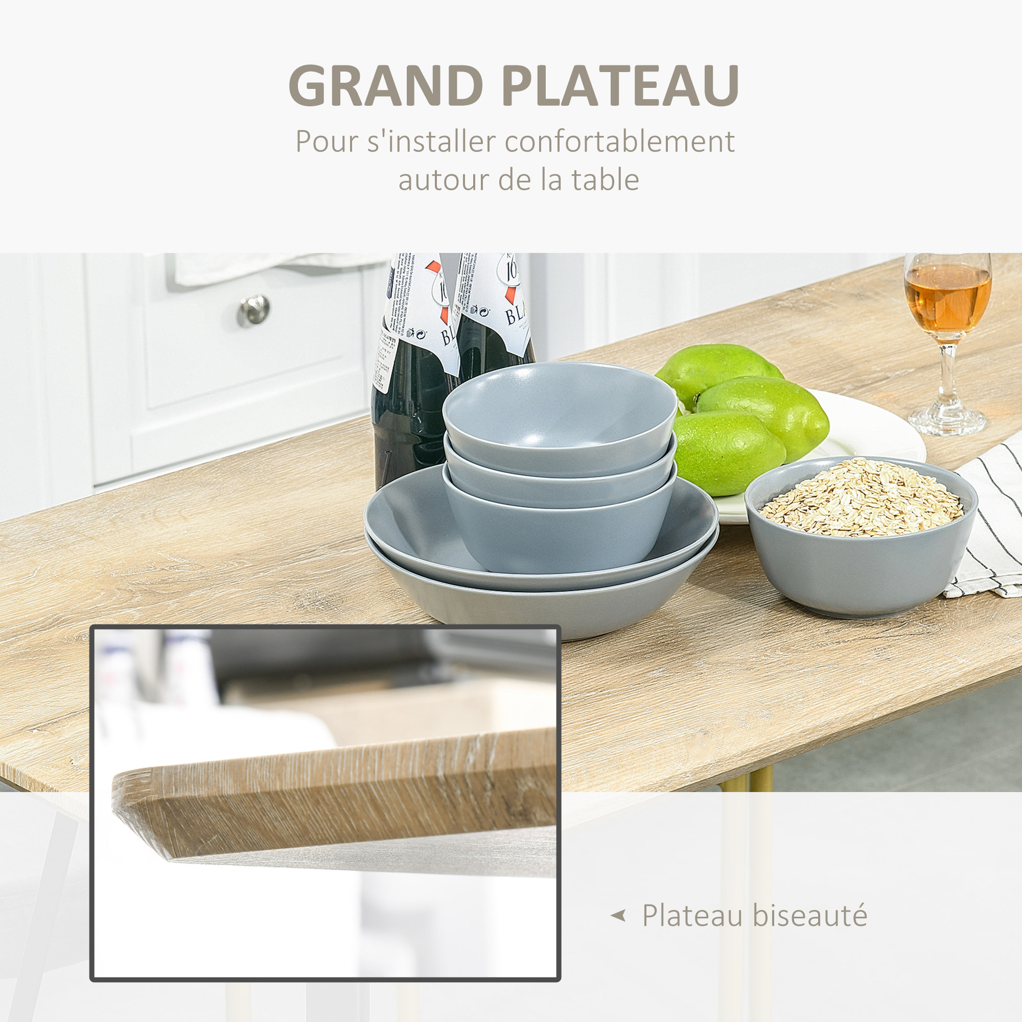 Table à manger design industriel grand plateau dim. 120L x 60l x 75H cm pieds métal noir en épingles MDF aspect chêne clair