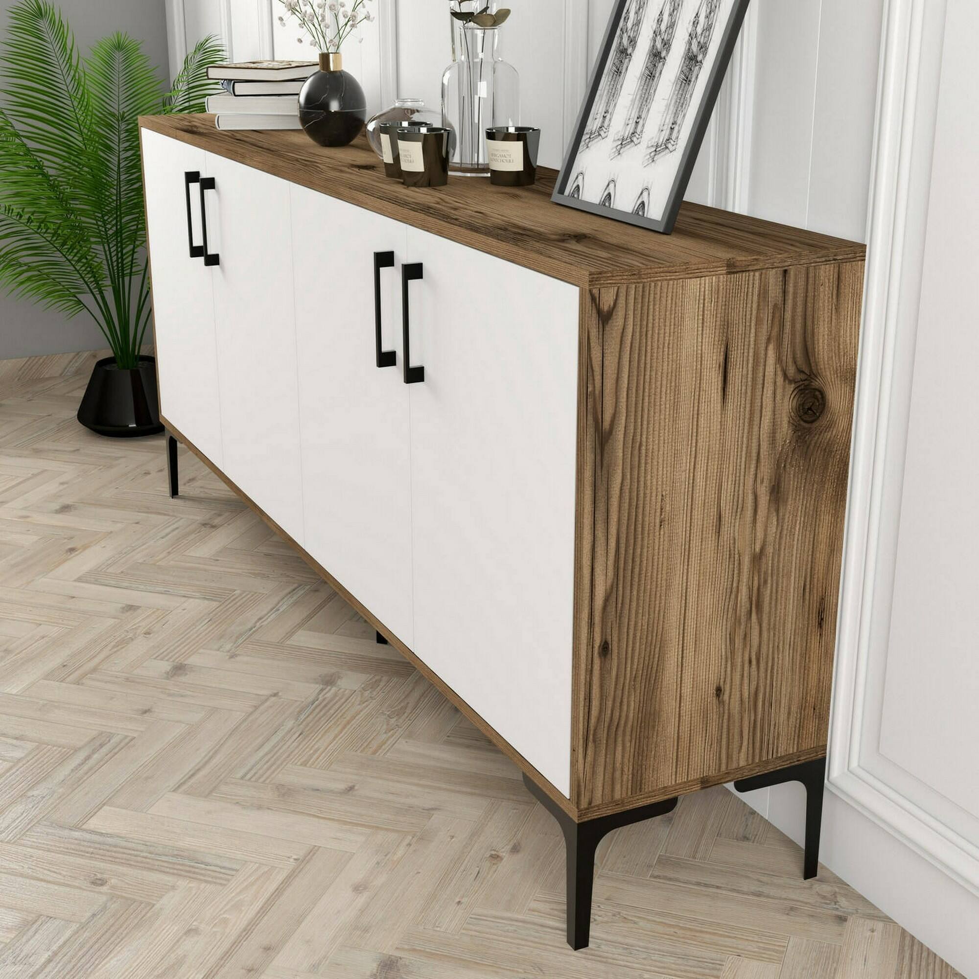 Credenza Dpedrol, Buffet da soggiorno, Madia da salotto, Dispensa da cucina, 180x35h78 cm, Noce e Bianco