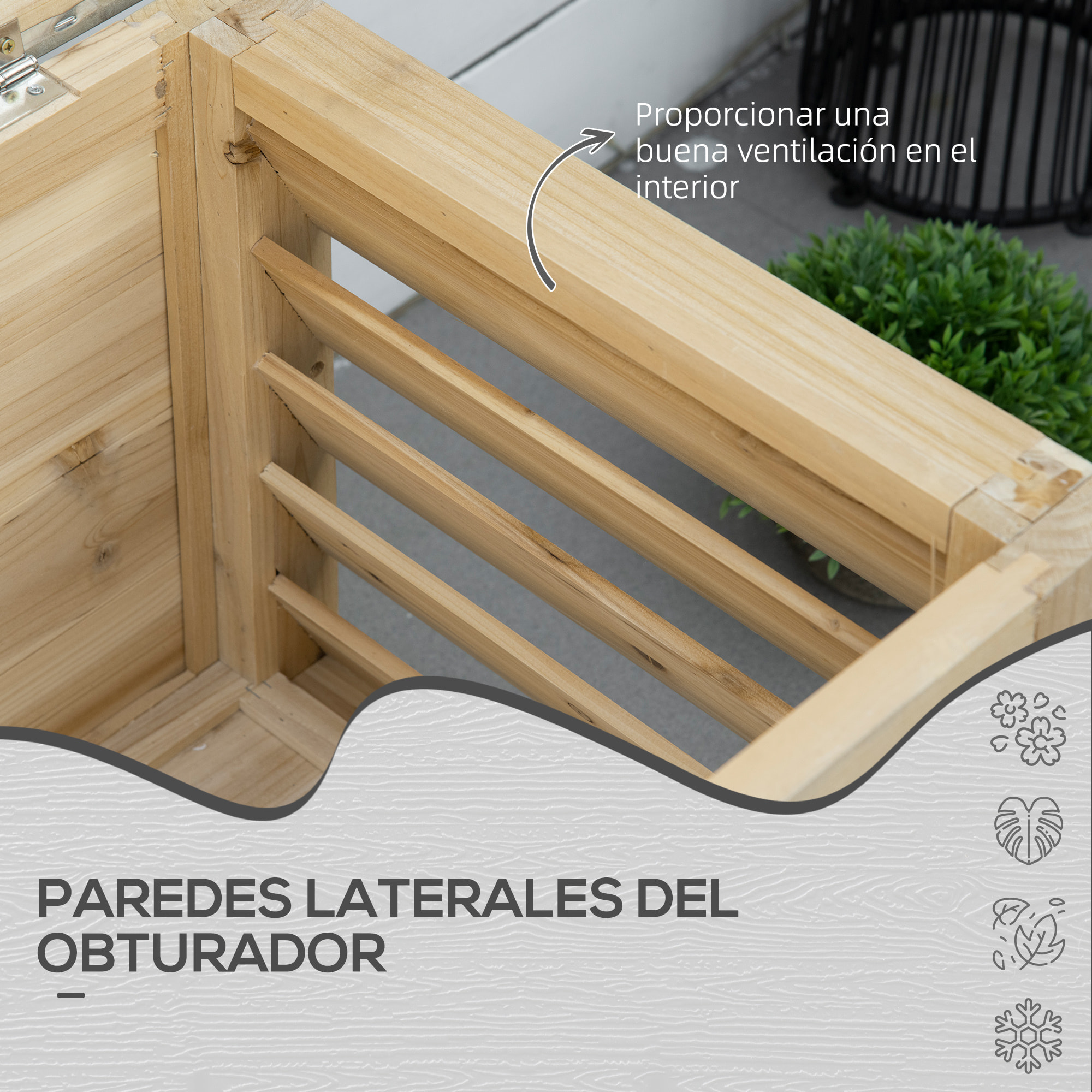 Arcón de Jardín Exterior Carga 155L Baúl de Almacenaje Exterior de Madera con Tapa de Metal Galvanizado y Diseño con Listones para Jardín Terraza Balcón 110x50x50 cm Natural