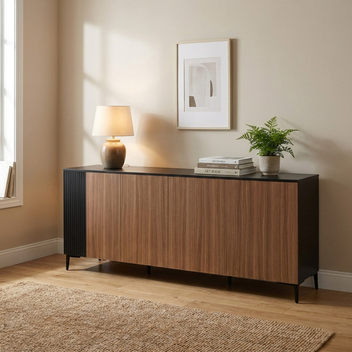 Credenza moderna 4 ante in legno noce e nero 200x40x74 cm – Toledo