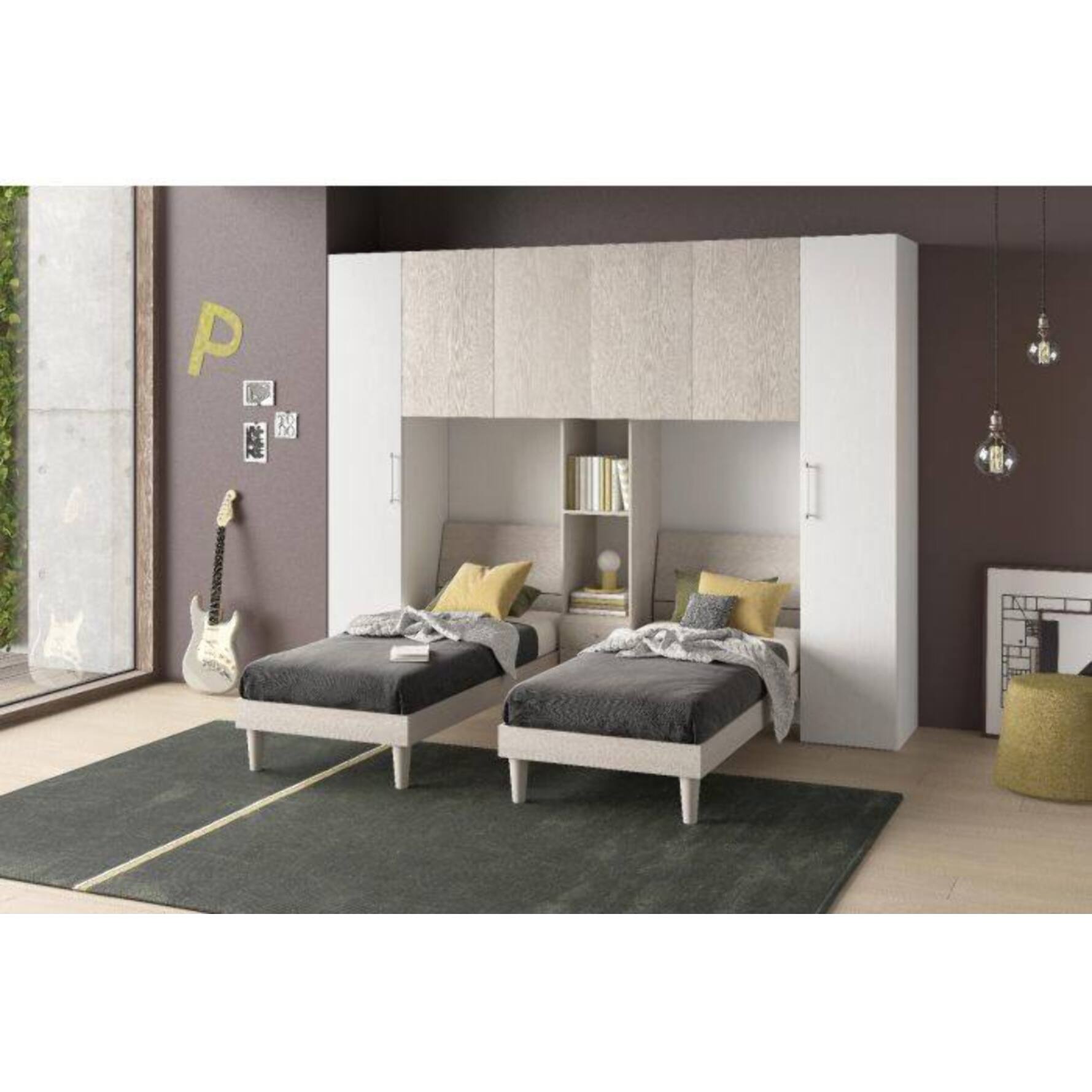 Cameretta completa di armadio a 6 ante e due letti singoli, libreria con cassetti abbinata, Made in Italy, cm 313x212h247, colore Bianco e Olmo