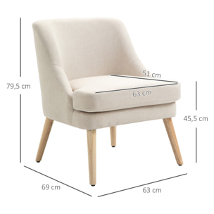 Fauteuil lounge design scandinave pieds effilés bois massif hévéa revêtement tissu polyester aspect lin beige