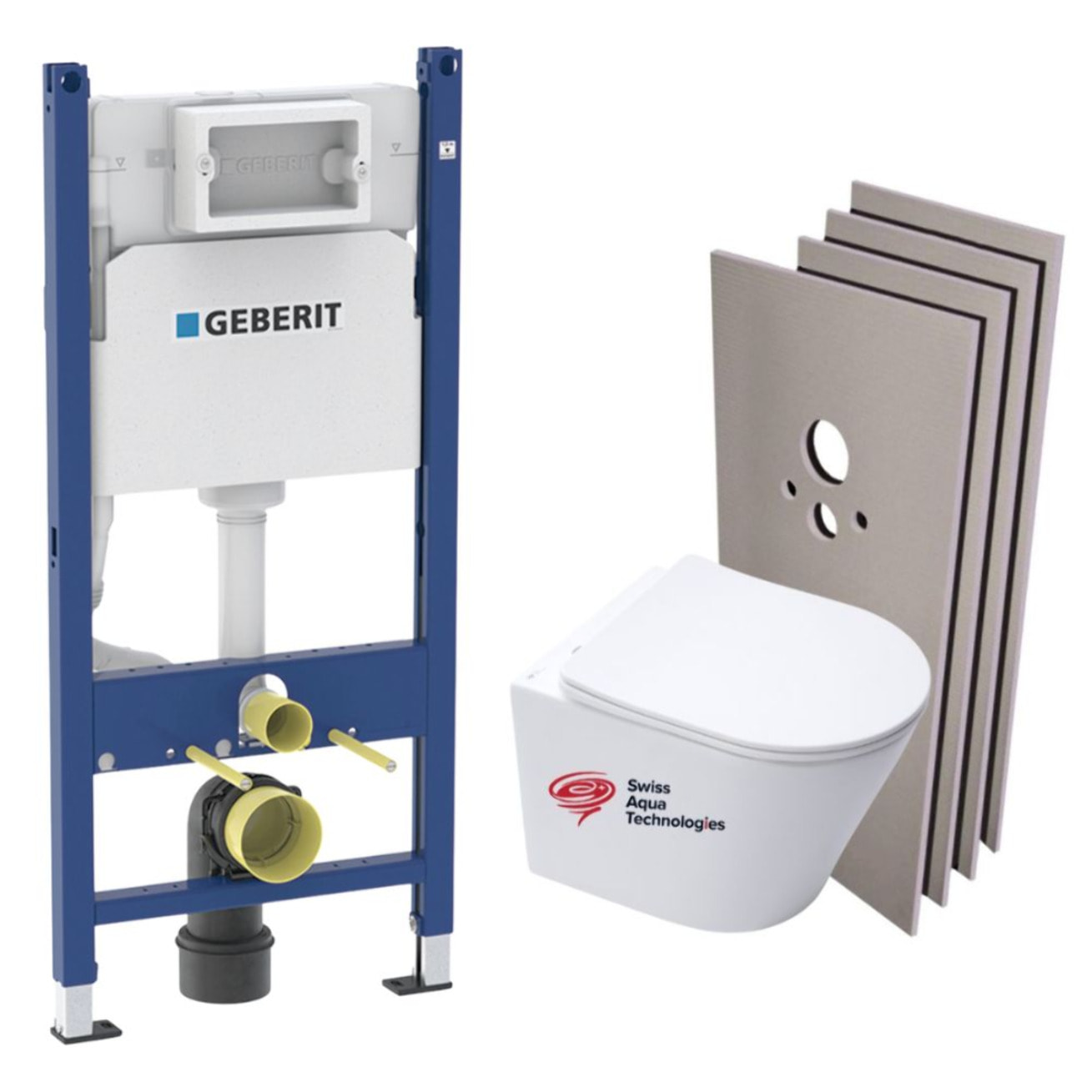 Pack WC Bati-support Geberit + WC Swiss Aqua Technologies sans bride + Abattant softlcose + Plaque + Set habillage