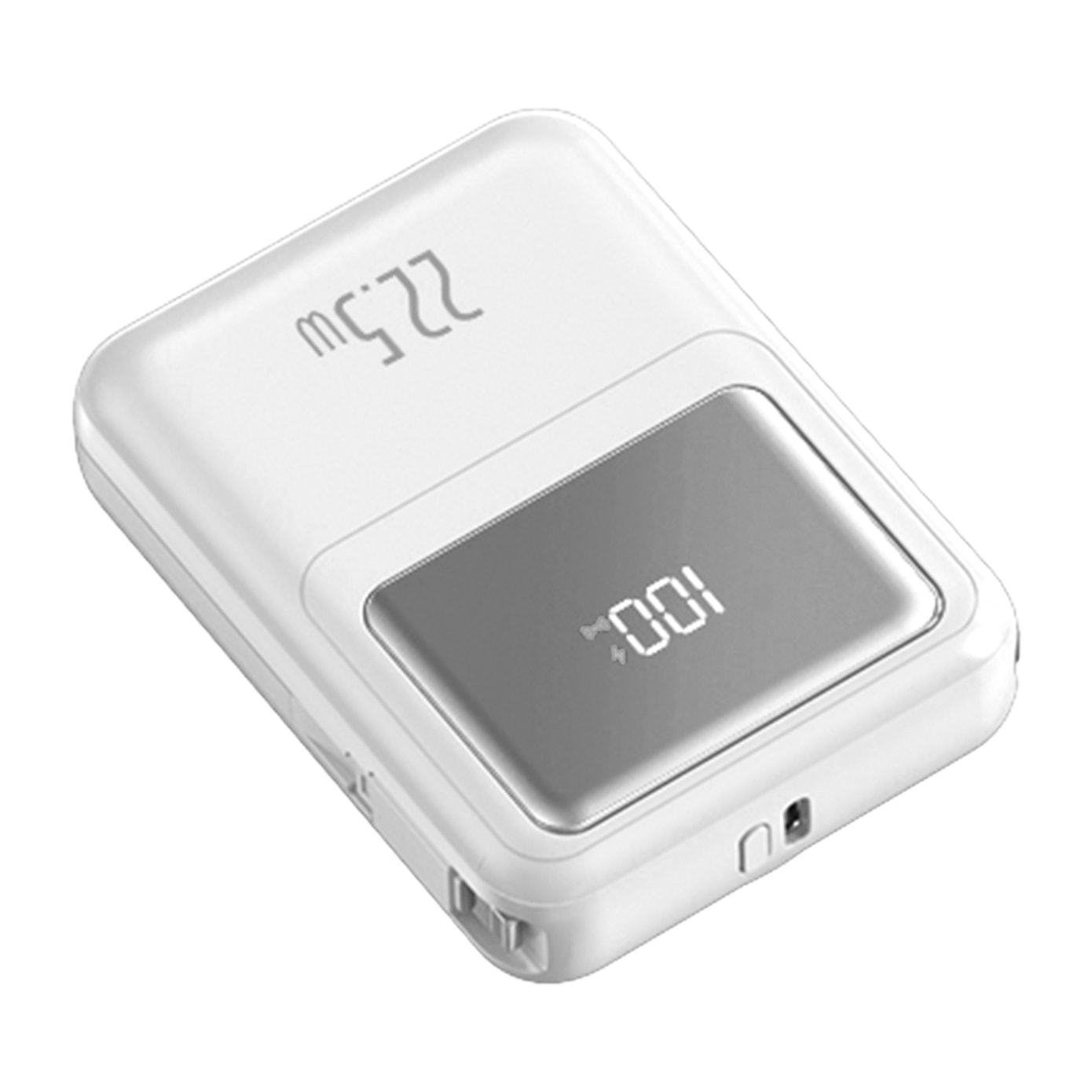 Powerbank 10.000mAh con ricarica rapida PD22,5W e ricarica wireless da 15W. Cavi USB-C e Lightning integrati. Schermo LED di carica.