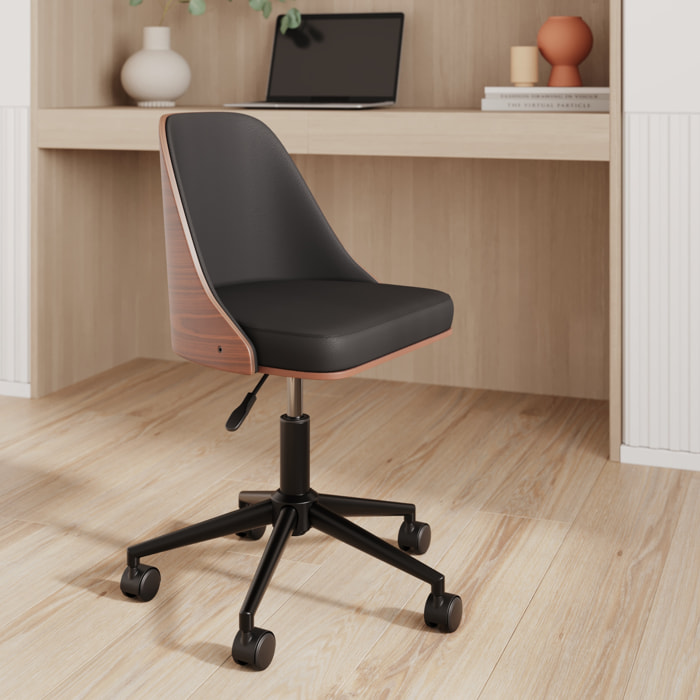 Chaise de bureau pivotante sur roulettes en bois foncé et PU noir - Georges