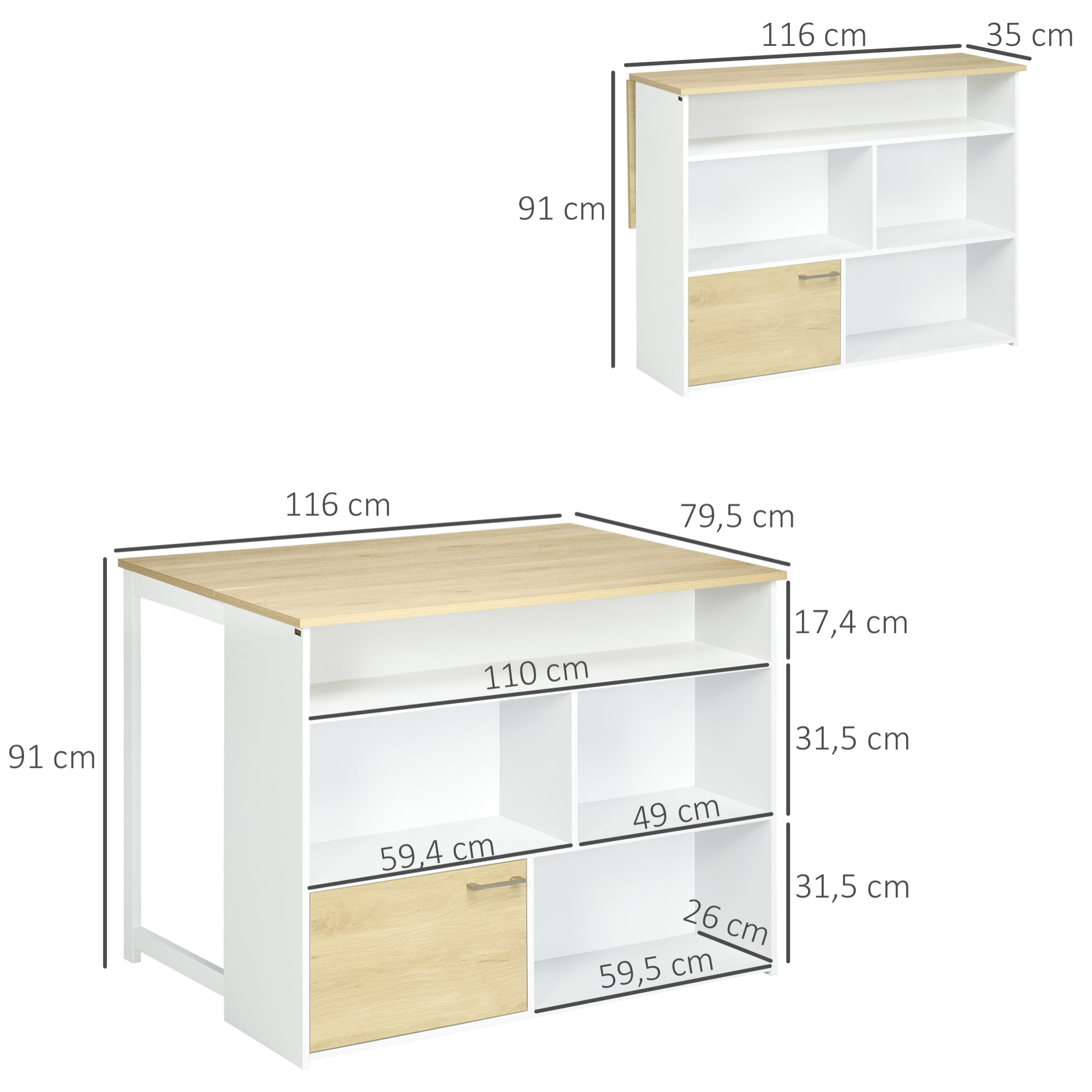 Mesa de Bar Extensible con Ala Plegable Mesa de Bistró con Compartimientos de Almacenamiento y 1 Puerta para Cocina Comedor 116x79,5x91 cm Blanco