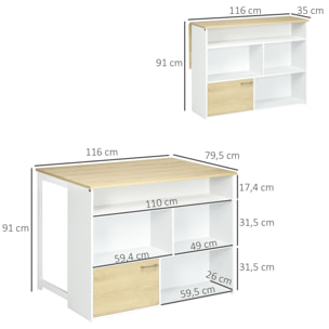 Mesa de Bar Extensible con Ala Plegable Mesa de Bistró con Compartimientos de Almacenamiento y 1 Puerta para Cocina Comedor 116x79,5x91 cm Blanco