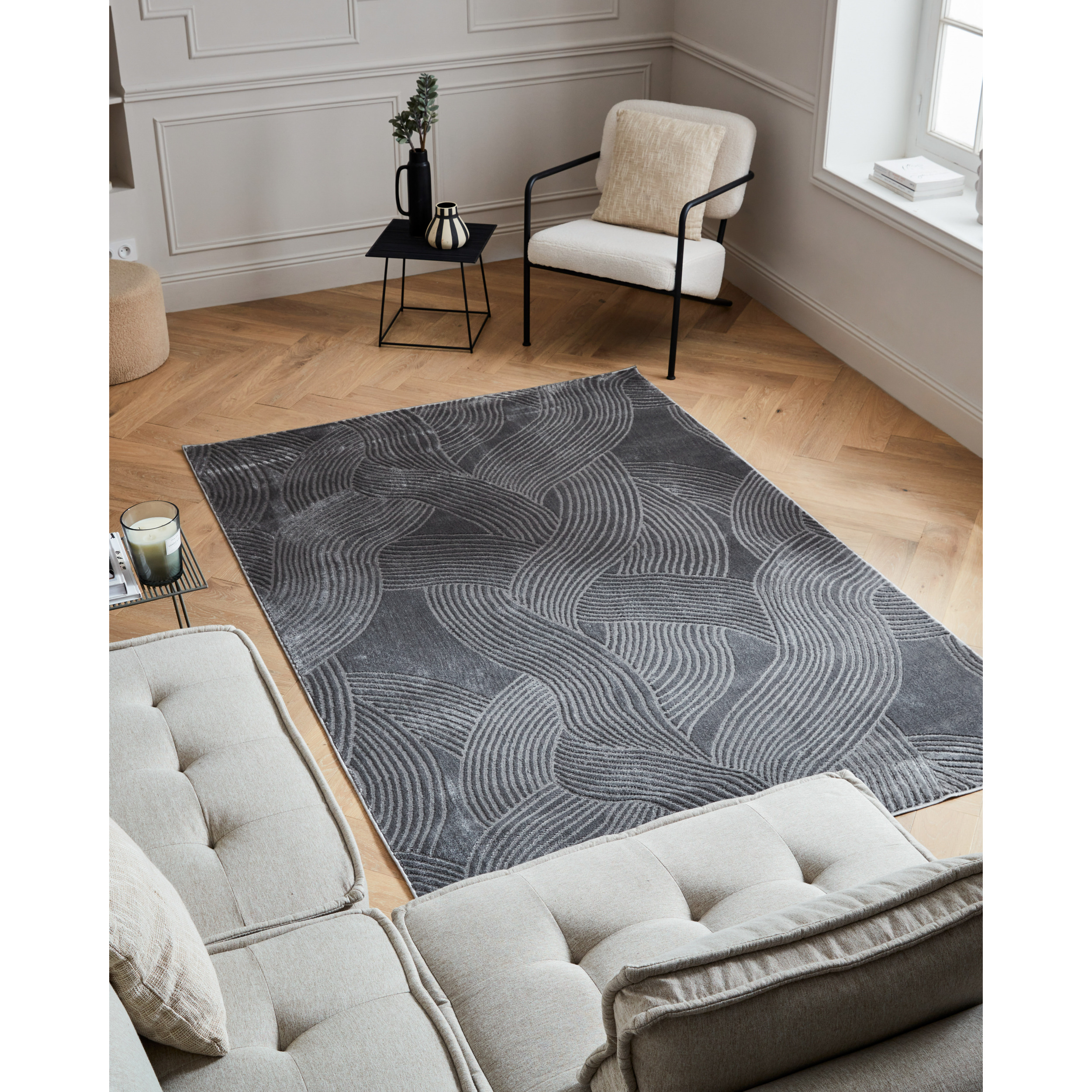 BLOOM - Tapis poils ras motif arc en ciel en relief - Gris