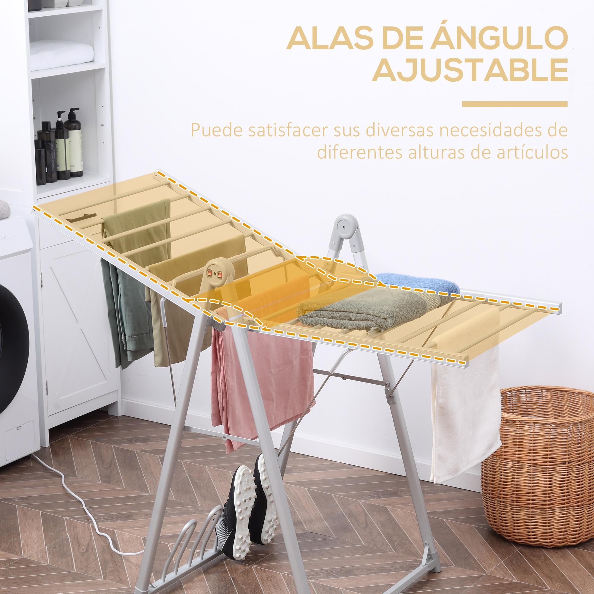 HOMCOM Tendedero Eléctrico Plegable con Alas 230 W Secador de Ropa con Zapatero para 2 Zapatos y Marco de Aleación de Aluminio 134x66x100 cm Plata