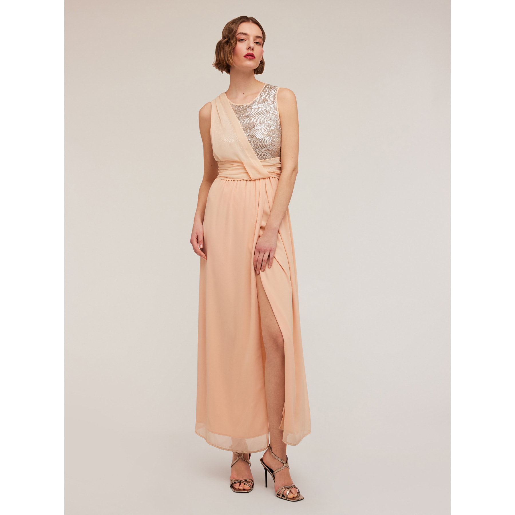 Motivi - Vestido largo peplum con corpiño de lentejuelas - Rosa