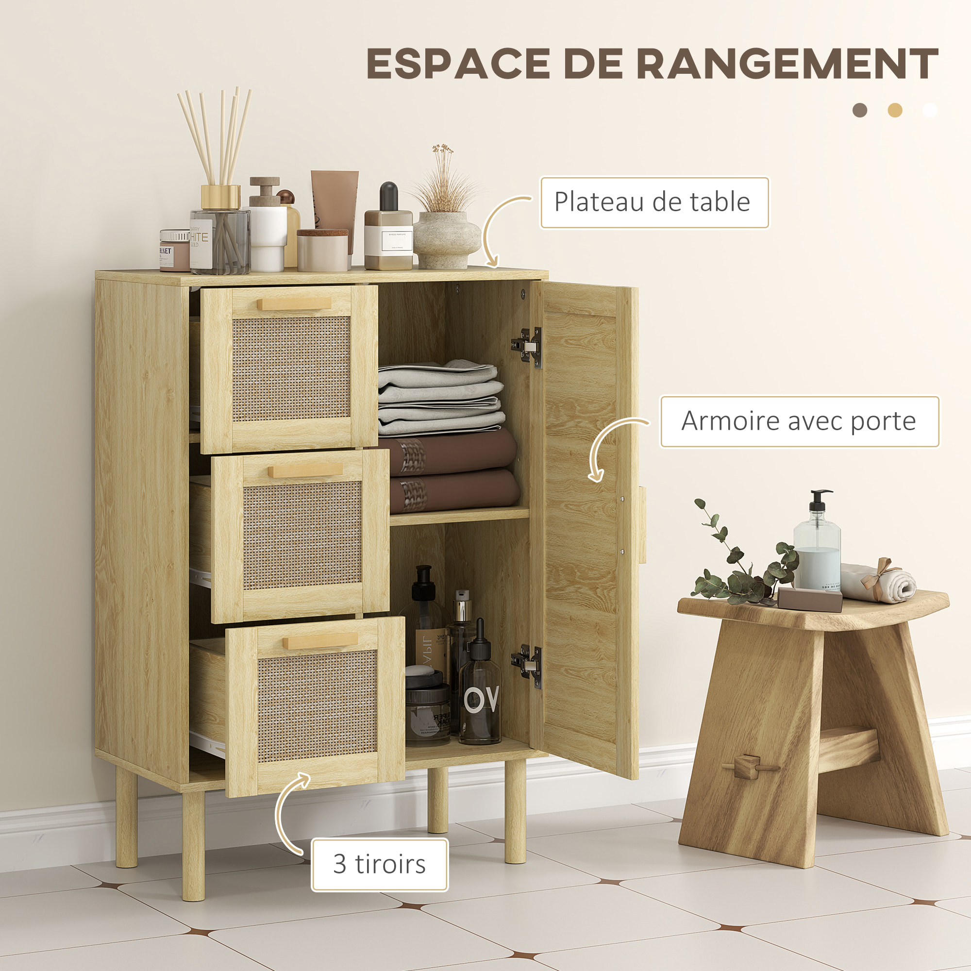 Meuble bas salle de bain style bohème - porte, étagère, 3 tiroirs - effet rotin bois clair