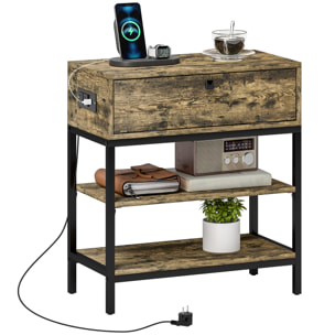 Mesa Auxiliar con Estación de Carga Mesita Auxiliar Industrial con Cajón y Estantes Abiertos Mesa Auxiliar para Salón Dormitorio Marrón Rústico
