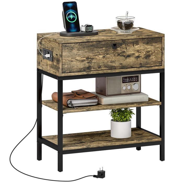Mesa Auxiliar con Estación de Carga Mesita Auxiliar Industrial con Cajón y Estantes Abiertos Mesa Auxiliar para Salón Dormitorio Marrón Rústico